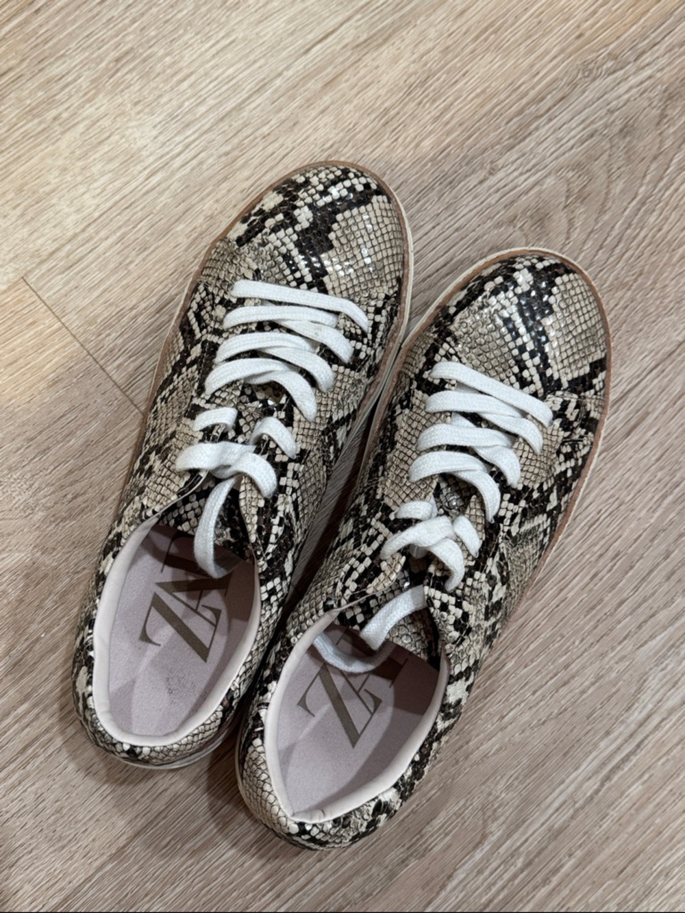 Zara Snake-Print Low Top Sneakers in Black and Beige